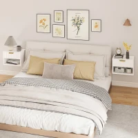 HOMCOM Conjunto de 2 Mesas de Cabeceira Flutuantes Estreitas com Gaveta com Frente Canelada e Prateleira Aberta 40x34x29 cm Branco(m-10)