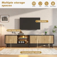 Mid-Century TV Cabinet with Smart App LED Lighting, Modern TV Stand with Built-In Cable Management, 175L x 31W x 43.5H cm, Black+Wood(m-4)