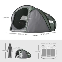 Outsunny Tienda de Camping Pop-up con Ventanas Bolsillos y Bolsa de Transporte Impermeable Anti-UV 263,5x220x123 cm Verde y Gris(m-3)