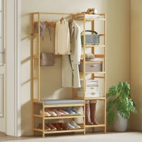 HOMCOM Meuble d'entrée en bambou, vestiaire d'entrée, banc, assise rembourrée, 10 crochets, tringle, 104x33x175cm, naturel(m-11)