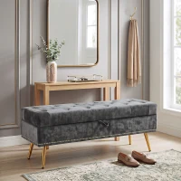 HOMCOM Storage Ottoman, Chenille Upholstered Ottoman Storage Box with Padded Seat, Metal Legs, 114 x 41 x 45 cm, Grey(m-9)