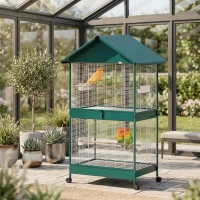 PawHut Cage à oiseaux sur roulettes avec séparateur amovible, 4 mangeoires et 2 perchoirs, 2 plateaux coulissants, 94x70x158cm(m-17)