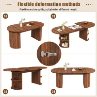 Extendable Dining Table with Vertically Grooved Legs, Space-Saving Dinner Table with Storage Compartment, 160L x 80W x 76H cm, Walnut(m-4)