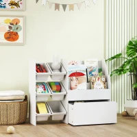 AIYAPLAY Spielzeugregal, Kinderzimmerregal mit 6 Behälter, Bücherablage, rollbare Box, 100 x 30 x 80 cm, MDF, Stahl, Weiß(m-10)