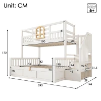 Twin Over Full Bunk Bed with Solid Pine and MDF Construction, Wooden Cabin Bed with Hydraulic Under-Bed Storage, 243L x 144W x 172H cm, White(m-3)