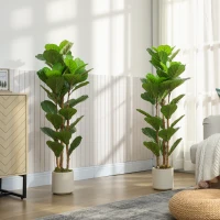 HOMCOM Conjunto de 2 Plantas Artificiais 120 cm Figueira-lira com Vaso em Plástico e Tronco em Madeira Maciça Verde(m-5)