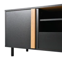 Modern 180cm TV Stand with Ample Concealed Storage, Low-Profile Entertainment Centre for TVs up to 80 Inches, 180L x 32.5W x 50H cm, Black+Wood(m-9)