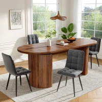 Extendable Dining Table with Vertically Grooved Legs, Space-Saving Dinner Table with Storage Compartment, 160L x 80W x 76H cm, Walnut(m-8)
