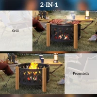 Outsunny 2-in-1 Vuurschaal Ø75 x 58 cm Vuurhaard met Vonkbescherming Vuurhaak Grillrooster Zwart(m-4)