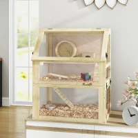 PawHut Wooden Hamster Cage with Detachable 32cm Deep Bottom, Hut, Seesaw, Exercise Wheel, Ramp, 60 x 40 x 75cm, Natural(m-2)