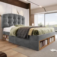 Upholstered Single Bed with Height-Adjustable Button-Tufted Headboard, Plush Grey Bed Frame with Built-In Drawers, 198L x 101W x 120H cm, Grey(m-8)