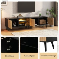 Mid-Century TV Cabinet with Smart App LED Lighting, Modern TV Stand with Built-In Cable Management, 175L x 31W x 43.5H cm, Black+Wood(m-6)