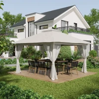 Outsunny Opvouwbare paviljoen, verstelbare hoogte, 4 netwanden, ventilatiedak, draagtas, snelle montage, 4 x 4 x 3 m, crèmekleurig(m-2)