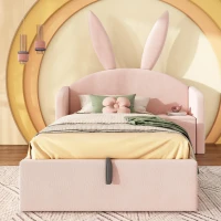 Bunny Ears Children's Upholstered Bed Frame with Hydraulic Storage, Rose Velvet Kids Bed with Thick Padded Headboard, 206L x 149W x 143H cm, Rose(m-12)