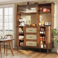 Rattan-Look Front Sideboard with Smooth-Running Glass Sliding Doors, Space-Saving Storage Cabinet with 3 Drawers, 140L x 40.5W x 174.5H cm, Walnut(m-1)