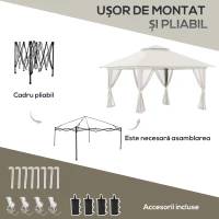 Outsunny Foișor Pliabil Pop Up 4x4 m cu Inălțime Reglabilă pe 3 Nivele, Foișor Exterior cu Plase de Țânțari, Saci de Nisip, Geantă de Transport, UV50+, pentru Grădină, Camping, Evenimente, Crem(m-5)