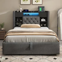 Upholstered Linen Bed Frame with Ambient LED Lighting, 4ft6 Double Bed with Hydraulic Under-Bed Storage, 213L x 143W x 115H cm, Grey(m-8)