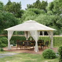 Outsunny Foișor Pliabil Pop Up 4x4 m cu Inălțime Reglabilă pe 3 Nivele, Foișor Exterior cu Plase de Țânțari, Saci de Nisip, Geantă de Transport, UV50+, pentru Grădină, Camping, Evenimente, Crem(m-10)