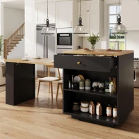 Extendable Kitchen Island with Storage and MDF Top, Space-Saving Dining Bar with Built-In Wine Rack, 195.5L x 70W x 94H cm, Black(m-1)