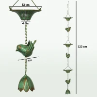 Outsunny 3-delige Metalen Regenketting 123cm met Kolibries, Bloemschalen en Lotusklok, Groen(m-3)