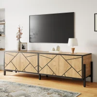 Geometric Wood TV Stand with Bold Geometric Doors, Modern Industrial Unit with Adjustable Shelves, 153L x 40W x 50H cm, Rustic Brown(m-7)