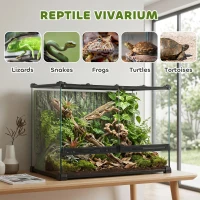 PawHut Reptile Glass Terrarium with Stone Background, Front Ventilation, Escape-Proof Knob Lock, 50 x 30 x 35 cm, Black(m-4)