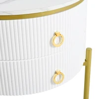 Modern Side Table with Marble-Effect Top and 2 Drawers, Durable Coffee Table with Adjustable Legs, 50L x 50W x 51H cm, White(m-8)
