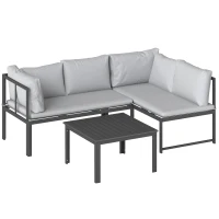 Outsunny Set da Giardino 3pz con Divano Angolare 4 Posti e Tavolino a Doghe, in Metallo e Poliestere Grigio(m-1)