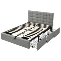 Elegant Upholstered Bed with Hydraulic Lift, Sturdy Storage Bed with 3 Storage Drawers, 202L x 148W x 100H cm, Grey(m-11)