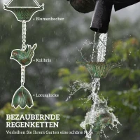 Outsunny 3-delige Metalen Regenketting 123cm met Kolibries, Bloemschalen en Lotusklok, Groen(m-4)