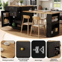 Extendable Kitchen Island with Storage and MDF Top, Space-Saving Dining Bar with Built-In Wine Rack, 195.5L x 70W x 94H cm, Black(m-6)