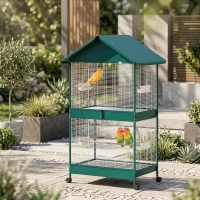 PawHut Cage à oiseaux sur roulettes avec séparateur amovible, 4 mangeoires et 2 perchoirs, 2 plateaux coulissants, 94x70x158cm(m-10)