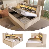Upholstered Daybed with Hydraulic Under-Bed Storage, Beige Linen Sofa Bed with App-Controlled LED Lighting, 203L x 108W x 86H cm, Beige(m-8)