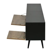 Modern Geometric TV Cabinet with Herringbone Fronts, Industrial-Style TV Stand with Solid Wood Legs, 180L x 33.5W x 45H cm, Black+Oak(m-12)