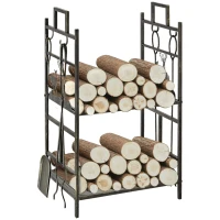Outsunny Soporte para Leña de Metal con 4 Herramientas y Asas para Interior y Exterior 51,5x33x77 cm Negro Dorado(m-1)