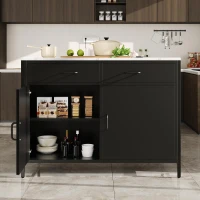 Standing Bar Table with Marble-Effect MDF Top and Solid Iron Legs, Marble Kitchen Island Table with Adjustable Shelves, 100L x 90W x 90H cm, Black(m-1)