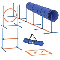 PawHut Ensemble d'Agilité pour Chien 8 Pièces avec Tunnel, Slaloms, Sauts Ajustables, Sac de Transport, 350x68x70cm, Orange(m-1)