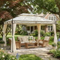 Outsunny Pérgola de Jardim 4x3 m com Telhado Duplo 4 Cortinas Estrutura de Aço 8 Orifícios de Drenagem Anti-UV Creme(m-9)