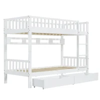 Space‑Saving Children's Bunk Bed with Safe Three-Step Ladder, Versatile Storage Bed with Under-Bed Sliding Drawers, 198L x 98W x 152H cm, White(m-9)