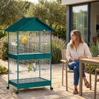 PawHut Cage à oiseaux sur roulettes avec séparateur amovible, 4 mangeoires et 2 perchoirs, 2 plateaux coulissants, 94x70x158cm(m-16)