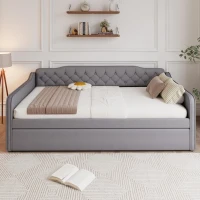 Space-Saving Upholstered 4ft6 Double Daybed with Pull-Out Trundle, Versatile Sofa Bed with Thick Foam Padding, 202L x 139.5W x 81.5H cm, Grey(m-6)