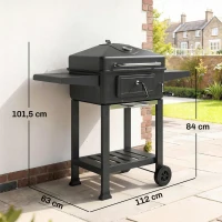 Outsunny Grelhador de Carvão com Bandeja e Ventilação Ajustável Prateleiras Laterais Rodas Termómetro Tampa e Porta 112x63x101,5 cm Preto(m-3)