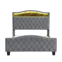 Upholstered 4ft6 Double Bed with Built-in Bedside Storage, Sturdy Storage Bed with Colourful LED Light Strip, 210L x 140.5W x 124H cm, Grey(m-2)