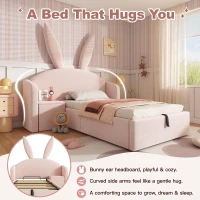 Bunny Ears Children's Upholstered Bed Frame with Hydraulic Storage, Rose Velvet Kids Bed with Thick Padded Headboard, 206L x 149W x 143H cm, Rose(m-4)