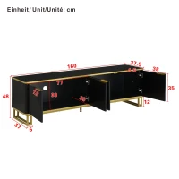 Modern TV Cabinet with 4 Geometric Embossed Doors and Open Top Shelf, Spacious TV Stand with Hidden Storage, 160L x 37.5W x 48H cm, Black(m-3)