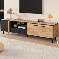 Modern 180cm TV Stand with Ample Concealed Storage, Low-Profile Entertainment Centre for TVs up to 80 Inches, 180L x 32.5W x 50H cm, Black+Wood(m-8)
