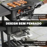 Outsunny Grelhador de Carvão com Bandeja e Ventilação Ajustável Prateleiras Laterais Rodas Termómetro Tampa e Porta 112x63x101,5 cm Preto(m-8)