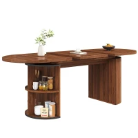 Extendable Dining Table with Vertically Grooved Legs, Space-Saving Dinner Table with Storage Compartment, 160L x 80W x 76H cm, Walnut(m-10)