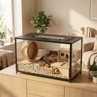 PawHut Cușcă pentru hamster din acrilic și metal cu bază adâncă, capac rabatabil, ventilații laterale, 80x45x50,5cm, negru(m-4)