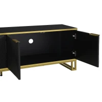 Modern TV Cabinet with 4 Geometric Embossed Doors and Open Top Shelf, Spacious TV Stand with Hidden Storage, 160L x 37.5W x 48H cm, Black(m-8)